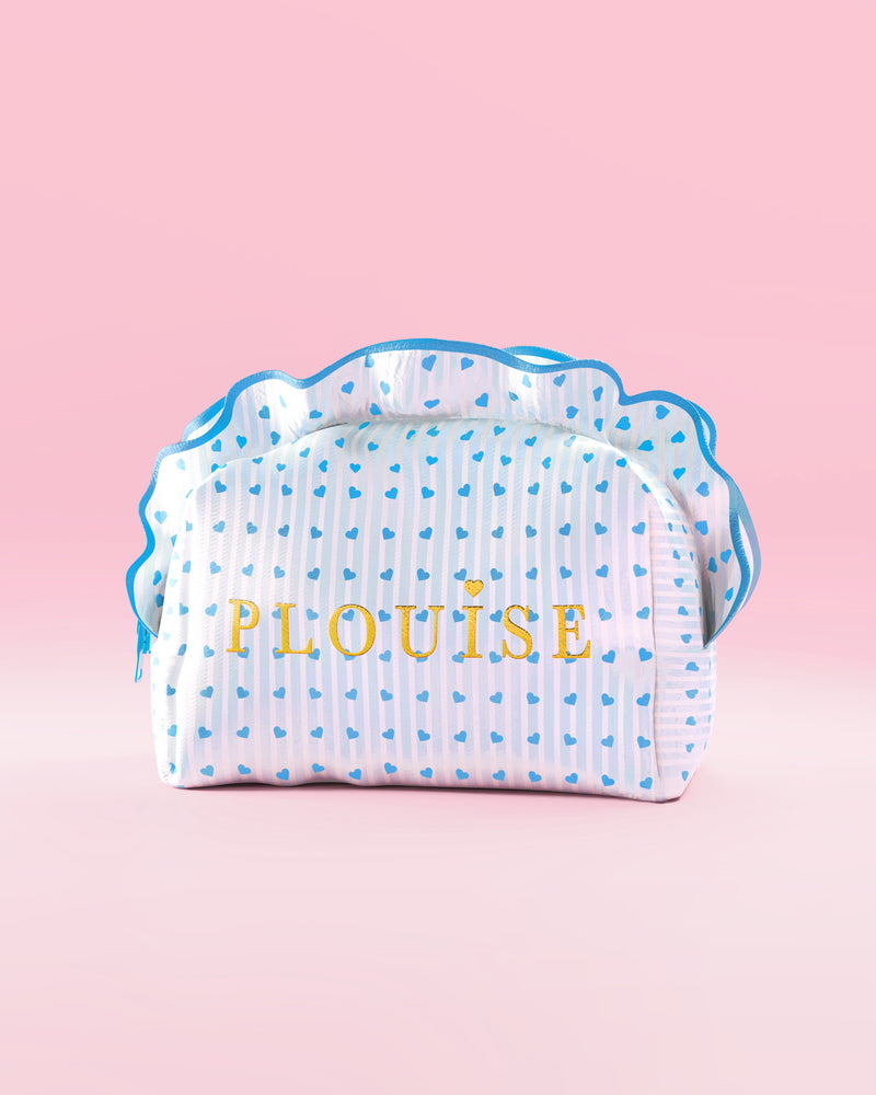 กระเป๋าเครื่องสำอางและสกินแคร์ P.Louise ลายทางสีน้ำเงินและสีขาวพร้อมขอบจีบและดีไซน์ราสเบอร์รี่สีฟ้า