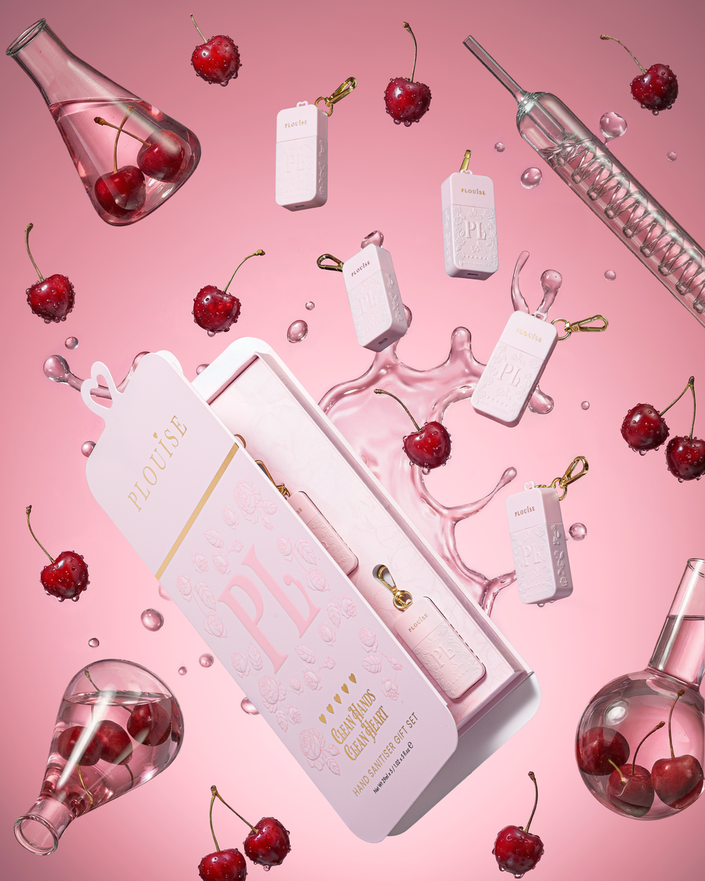 ชุดของขวัญกล่อง PR สีชมพูยักษ์ บรรจุสเปรย์เจลล้างมือ P.Louise สีชมพู 5 กลิ่น กลิ่นหอมเชอร์รี่ต่างๆ
