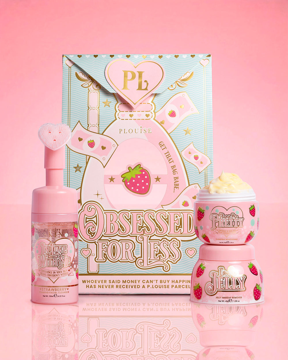 P.Louise Strawberry Obsessed For Less Obsessed For Bad Bitch บนพื้นหลังสีชมพู
