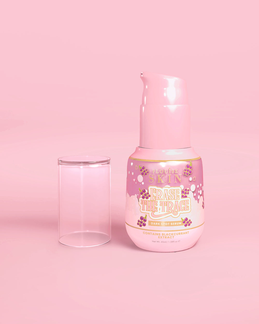 ขวดสีชมพูของ P. Louise Erase The Trace Dark Spot Correcting Serum โดยปิดฝาไว้บนพื้นหลังสีชมพู