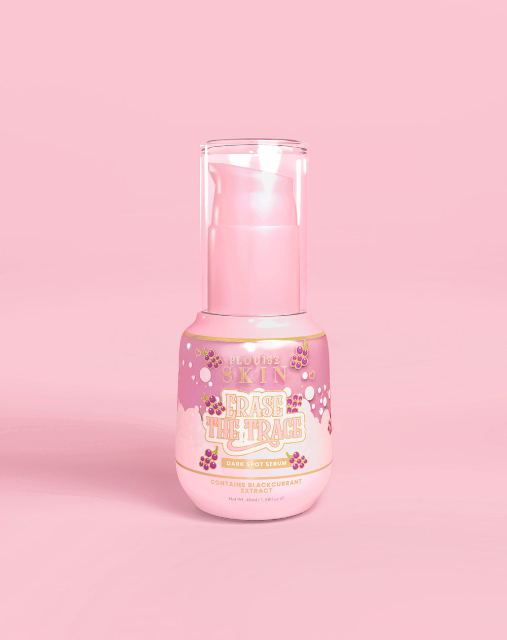 ขวดสีชมพูของ P. Louise Erase The Trace Dark Spot Correcting Serum บนพื้นหลังสีชมพู