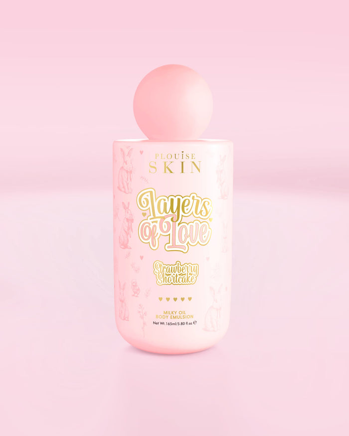 P.Louise Layers Of Love Milky Oil Body Emulsion ขวดสีชมพู กลิ่นสตรอเบอร์รี่ชอร์ตเค้ก