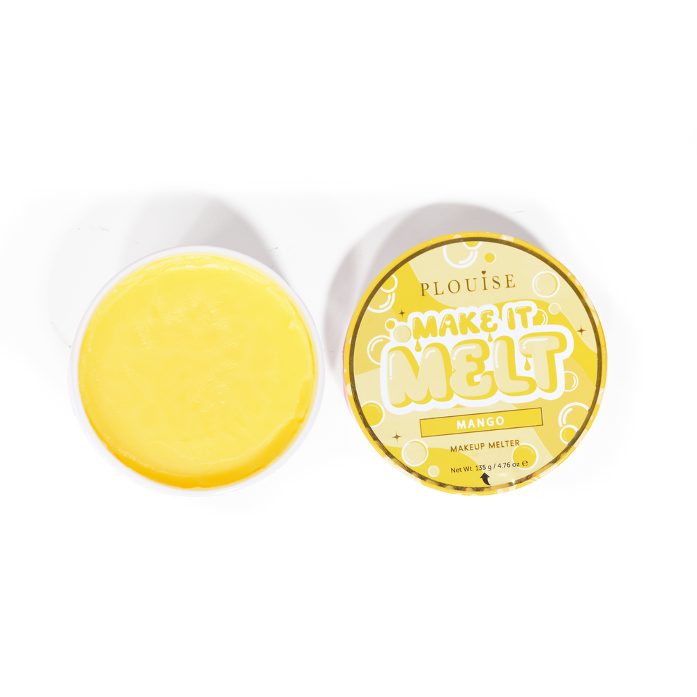 Open tub of P. Louise Make It Melt Makeup Cleansing Balm in mango scent on a white background