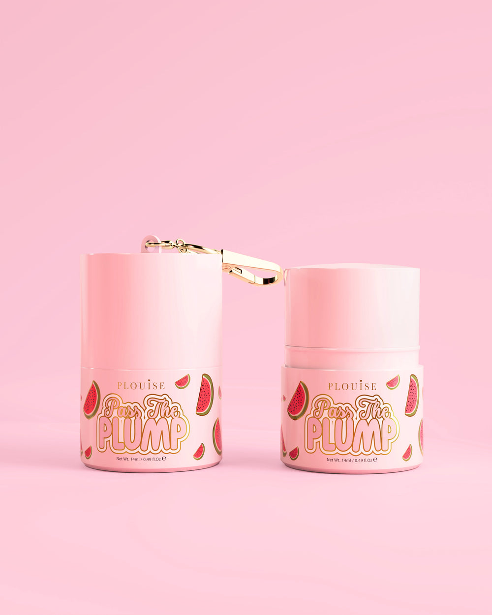 P.Louise Pass The Plump Lip Treatment สีชมพู 2 กระปุก ลายแตงโมบนพื้นหลังสีชมพู