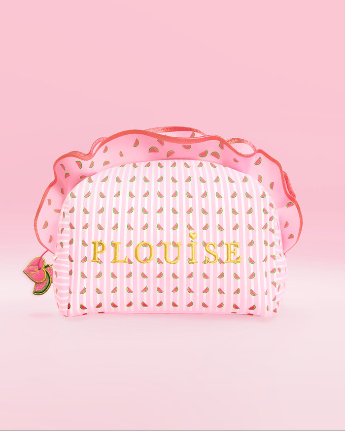 กระเป๋าใส่เครื่องสำอางและสกินแคร์ลายทางสีชมพูขาวลาย P.Louise พร้อมขอบจีบและกราฟิกแตงโม