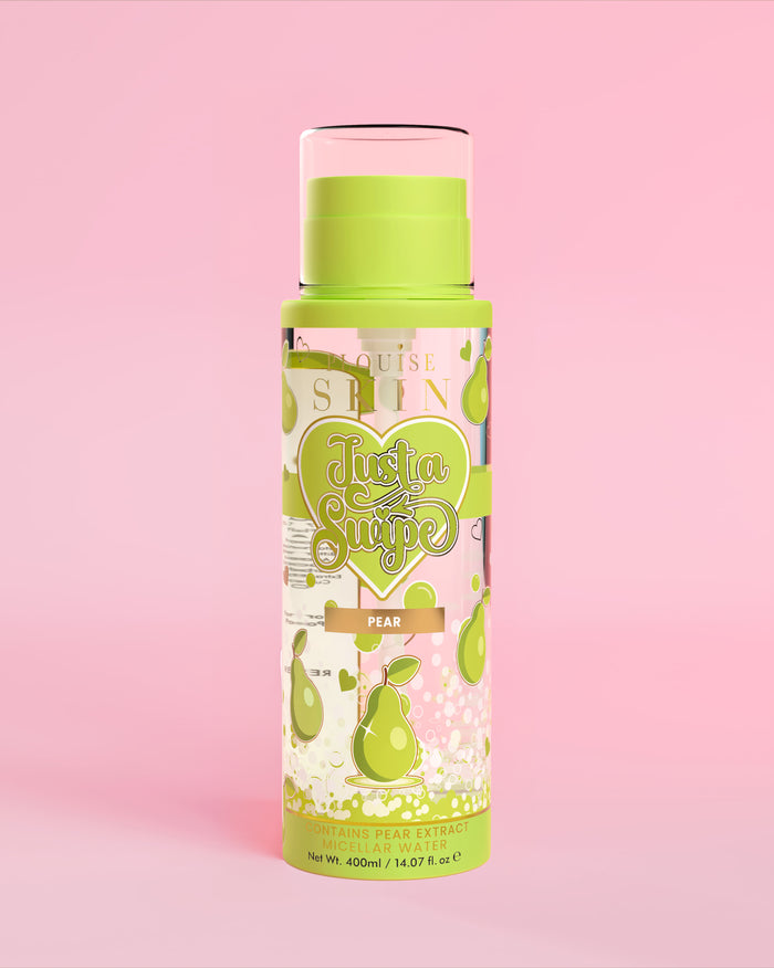 ขวดน้ำไมเซลล่าร์กลิ่นแพร์ของ P. Louise Just A Swipe pear ลวดลายลูกแพร์บนขวดบนพื้นหลังสีชมพูอ่อน