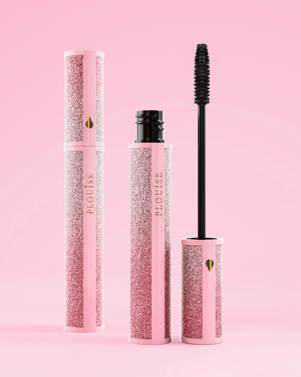 P.Louise Cry Baby Mascara ปัดเป็นกลิตเตอร์บนพื้นหลังสีชมพู