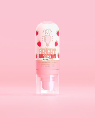 Pink P.Louise Bright Direction Raspberry Brightening Serum skincare product with raspberry design on a pink background