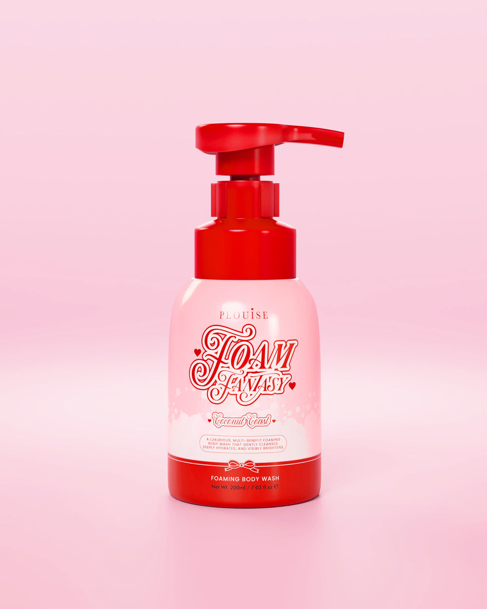 ครีมอาบน้ำ P.Louise Foam Fantasy ขวดสีแดงชมพูบนพื้นหลังสีชมพู