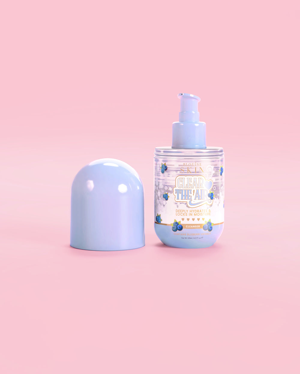 ขวดของ P. Louise Clear The Air Blueberry Gel Cleanser โดยปิดฝาไว้บนพื้นหลังสีชมพู