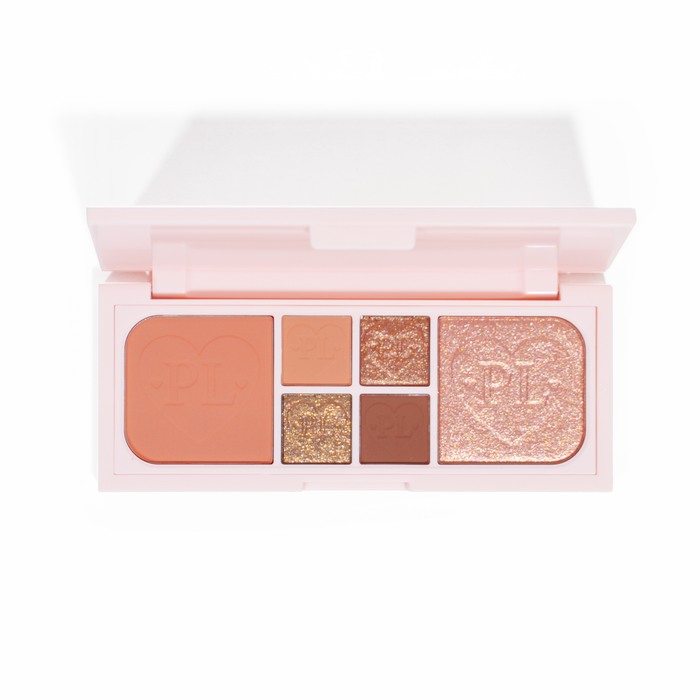 รูปภาพของ P.Louise Fluffy Fantasy Mini Eyes & Face Palette ที่มีเนื้อครีมแมตต์และชิมเมอร์เนื้อเนยในเฉดสีพีชและเฉดสีกลางๆ
