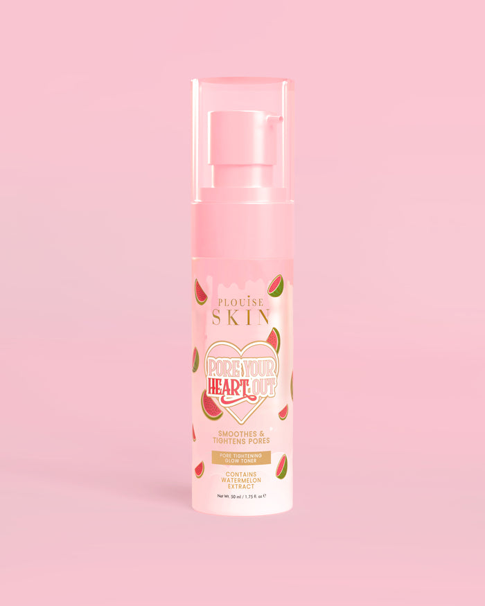 P. Louise Pore Your Heart Out Watermelon Pore Tightening Toner พร้อมดีไซน์แตงโมบนพื้นหลังสีชมพู