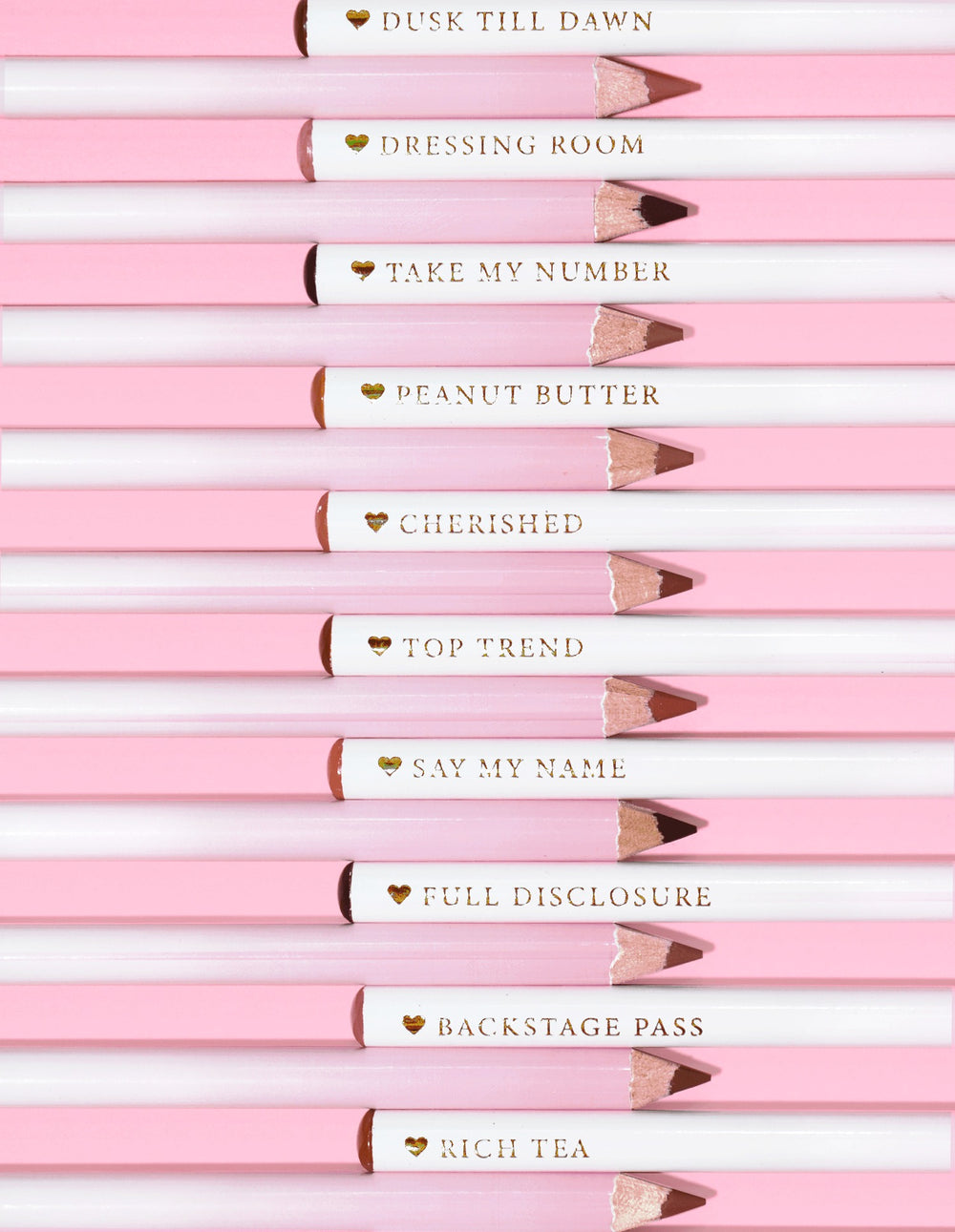 An image of the P.Louise Ultimate Definition Sharpenable Lip Liners in a row showing the bottoms and the name of each shades on the pencil