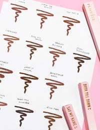 รูปภาพของกระดาษที่มีข้อความเขียนว่า P.Louise Ultimate Definition Sharpenable Lip Liner แต่ละเฉดสีและชื่อของ P.Louise Ultimate Definition Sharpenable Lip Liner