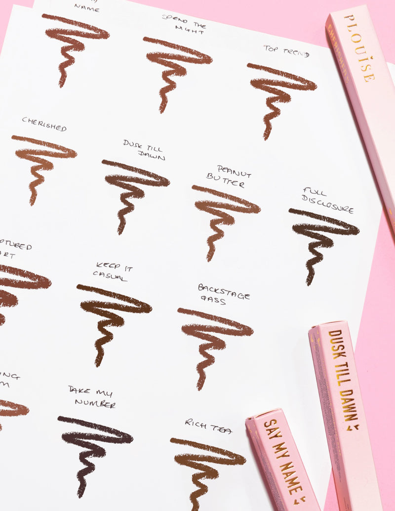 รูปภาพของกระดาษที่มีข้อความเขียนว่า P.Louise Ultimate Definition Sharpenable Lip Liner แต่ละเฉดสีและชื่อของ P.Louise Ultimate Definition Sharpenable Lip Liner