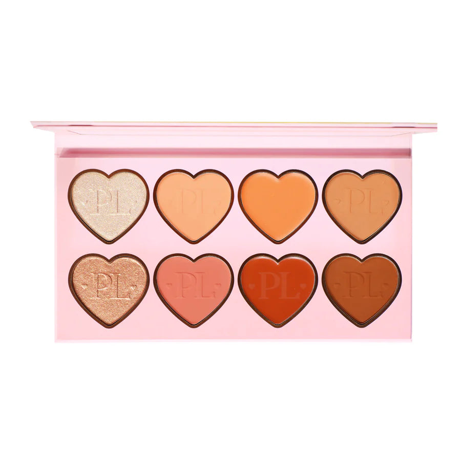 รูปภาพของ P.Louise All Over The Place Face Palette พร้อมเฉดสีต่างๆ ที่จัดแสดงเป็นรูปรูปหัวใจรัก