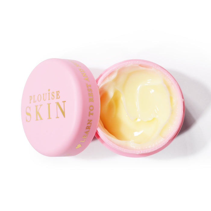 ขวดเปิดสีชมพูของ P.Louise Give It A Rest Eye Cream เผยให้เห็นมอยเจอร์ไรเซอร์สีเหลืองอ่อนอยู่ข้างใน